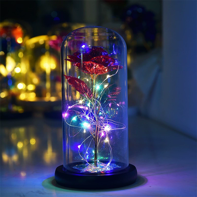 Золотая фольга 24k Amazon роза цветок стеклянная крышка LED искусственный цветок подарки на День святого Валентина и Рождество, вазочка