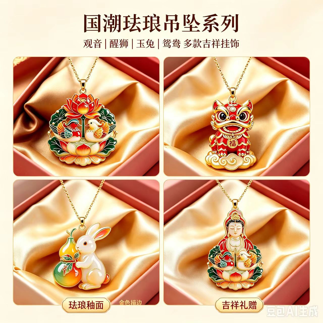Chinese-style enamel pendant Guanyin, lion dance, jade rabbit, mandarin duck necklace for women, auspicious accessory gift, manufacturer's in-stock wholesale