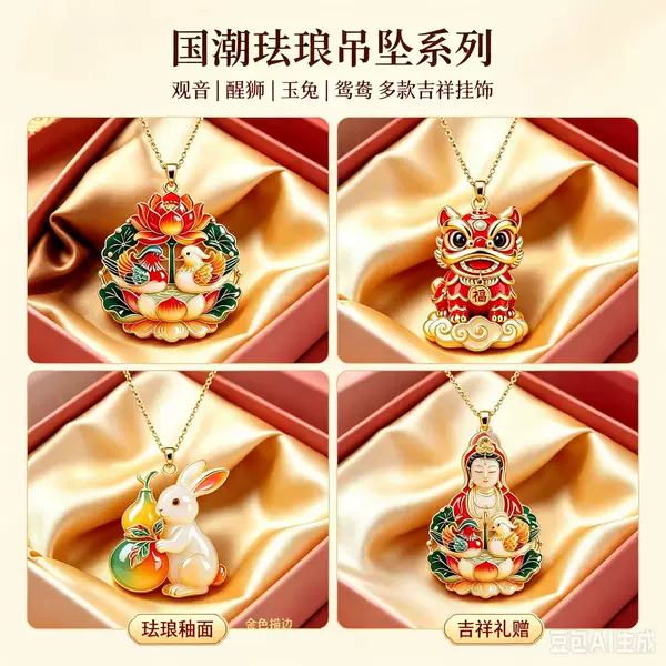 Chinese-style enamel pendant Guanyin, lion dance, jade rabbit, mandarin duck necklace for women, auspicious accessory gift, manufacturer's in-stock wholesale