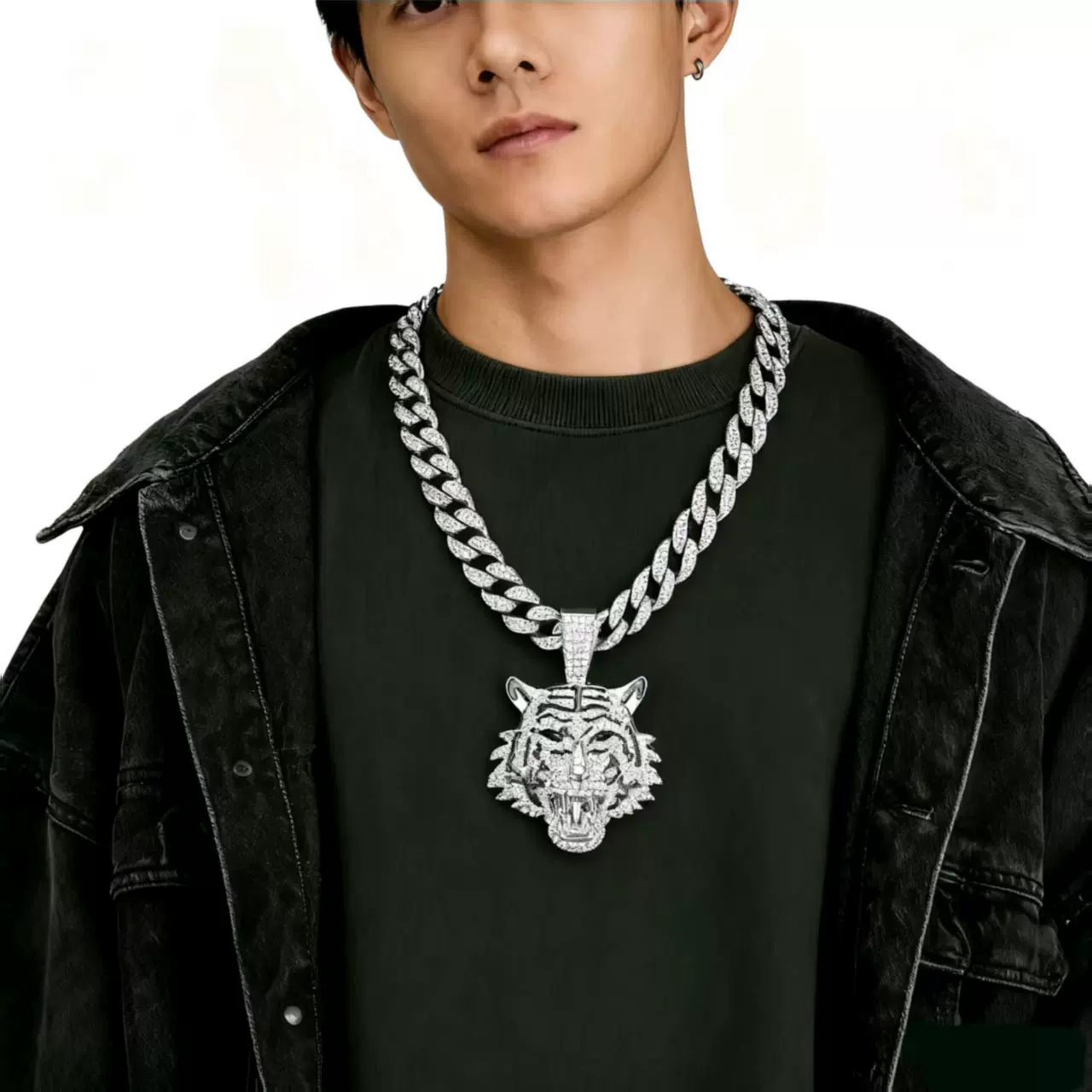 欧美新款合金立体满钻老虎吊坠古巴项链男士嘻哈炫酷小众老虎饰品