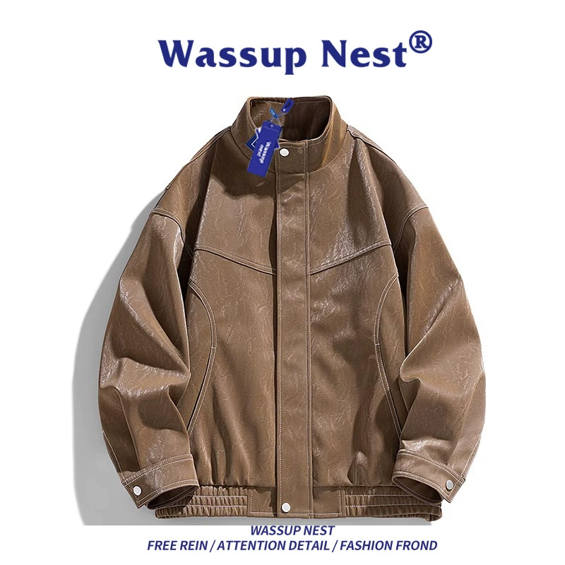 Куртка (Wassup Nest) экокожа ретро демисезон, американский стиль, коричневая — размеры S–2XL