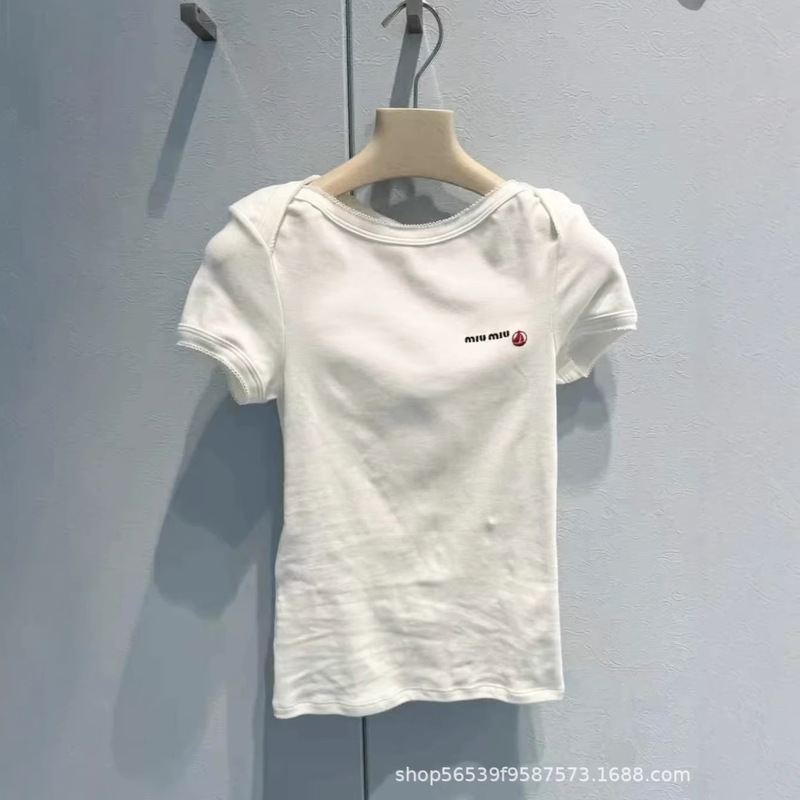 26 New Models of m Brand Regular Shoulder Sailboat T-Shirts with Lace Collar and Letter Embroidery, Short-Sleeve Slim Fit Versatile Tops for Women