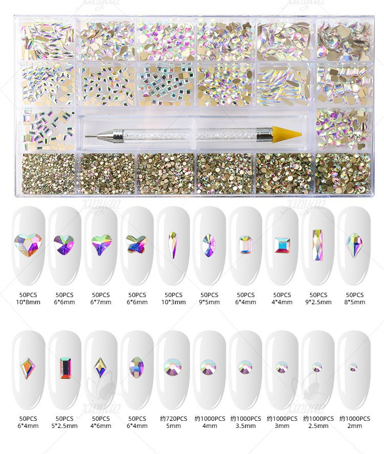Aurora Flat-Bottomed Irregular-Shaped Rhinestones 21 Grids Nail Art Decorations Gold Base Ab Glass Rhinestones Nail Accessories Wholesale Crystal Rhinestones