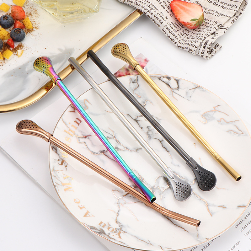 Cuchara de paja de acero inoxidable 304 transfronteriza, cuchara de paja desmontable, cuchara de paja todo en uno de doble uso, cuchara de paja con filtro para bebidas