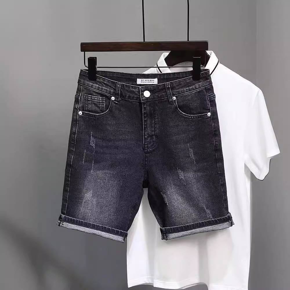 Black and Gray Denim Shorts for Men, Summer 2025 New Style, Distressed Slim Fit Skinny Pants, Trendy High Street Five-Point Pants