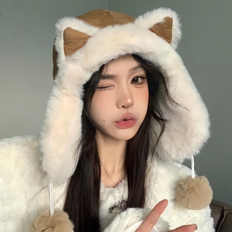 Cute Fox Plush Winter Hat For Women Windproof Fleece Warm Ear Flap_voghion.com