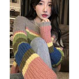 实拍 彩虹条纹宽松套头毛衣女秋季新款韩系慵懒针织上衣女chic潮