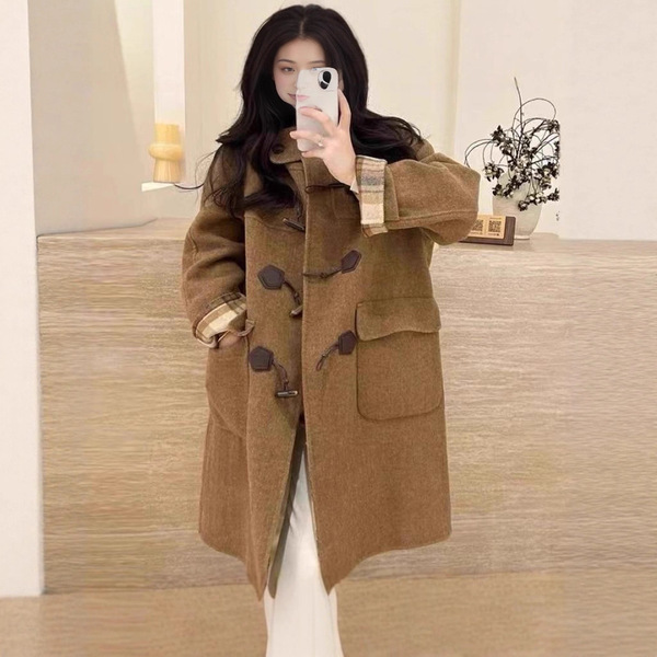 Zhao Lusi's Same Style High-End Preppy Style Double-Sided Wool Outwear for Women with Horn Buttons and Bear Plaid Retro Outwear for Women