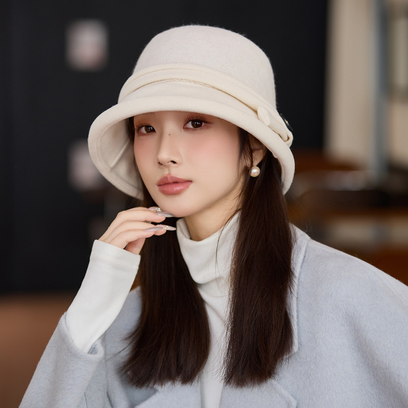 韩版秋冬季帽子女款时尚百搭大头围保暖盆帽蝴蝶结毛呢气质渔夫帽|undefined