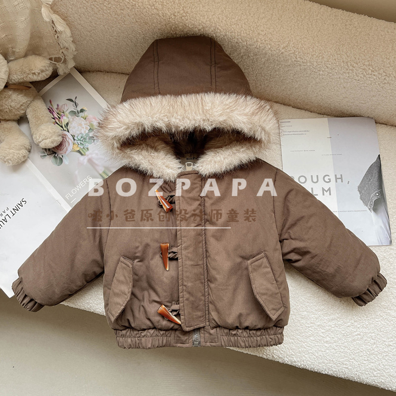 2025 Winter New Style Boys' Korean Style Hooded Cotton-padded Jacket with Large Fur Collar, Comfortable and Warm Fleece-lined Jacket for Babies