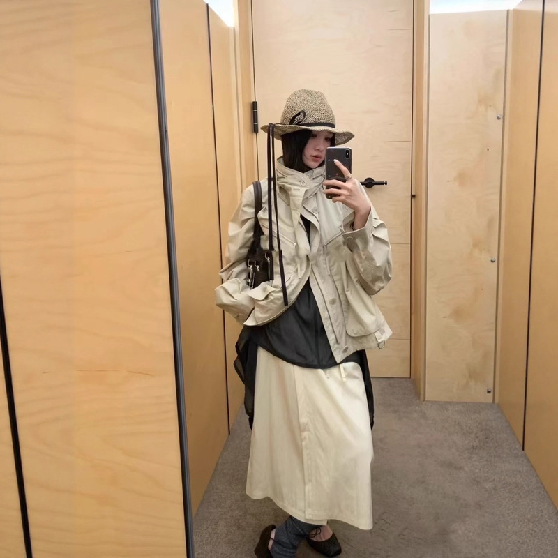 Lem 26 Lime White Double-Breasted Drawstring Lightweight Stand Collar Short Windbreaker Women's Jacket Parachute Coat Loose Fit