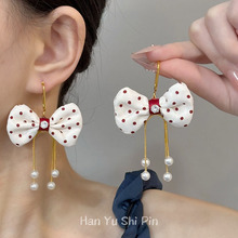 韩国新款甜美奶油波点蝴蝶结耳环时尚温柔气质珍珠流苏耳坠送女友