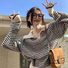 感超好看v领毛衣女秋冬宽松显瘦气质polo领条纹显瘦针织衫ins拼色