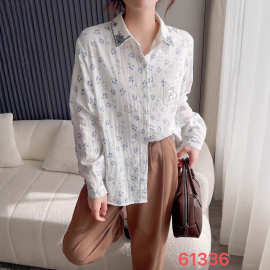 领口刺绣印花衬衫女 2025秋新款森系文艺宽松双层纱衬衣 61336棉