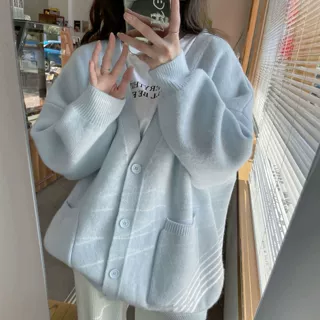 韩版针织开衫女2024春秋新款慵懒风宽松V领纯色软糯百搭毛衣外套