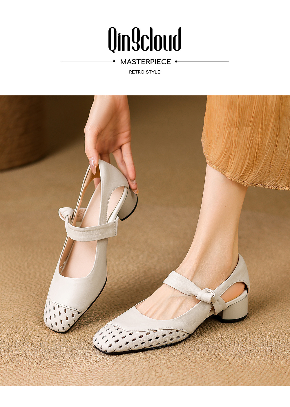 Sandal nữ gót vuông 3,5 cm mũi kín hở cạnh kiểu mới — màu trắng ngà chi tiết 1