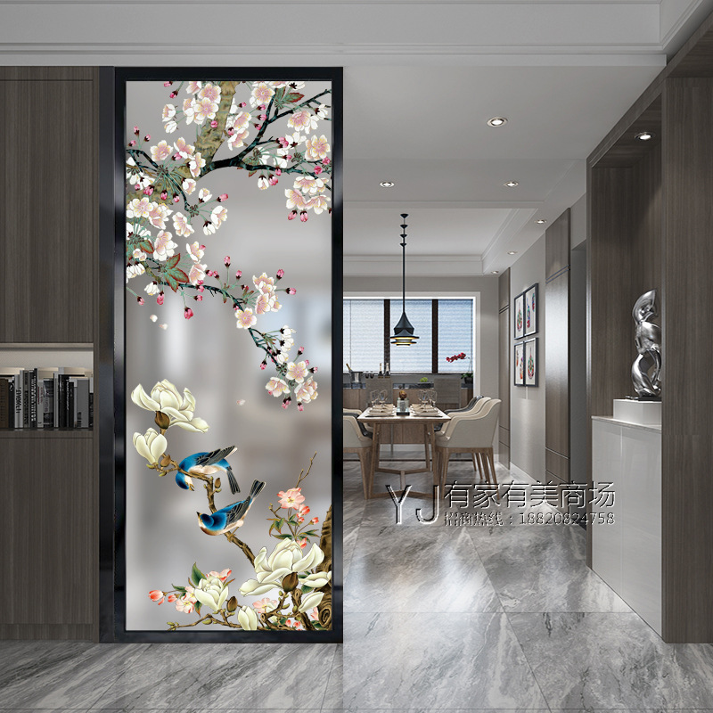 Art Glass Entry Partition Modern Living Room Double-Sided Screen Entrance Background Frosted Light-Transmitting Craft Birdsong and Flowers