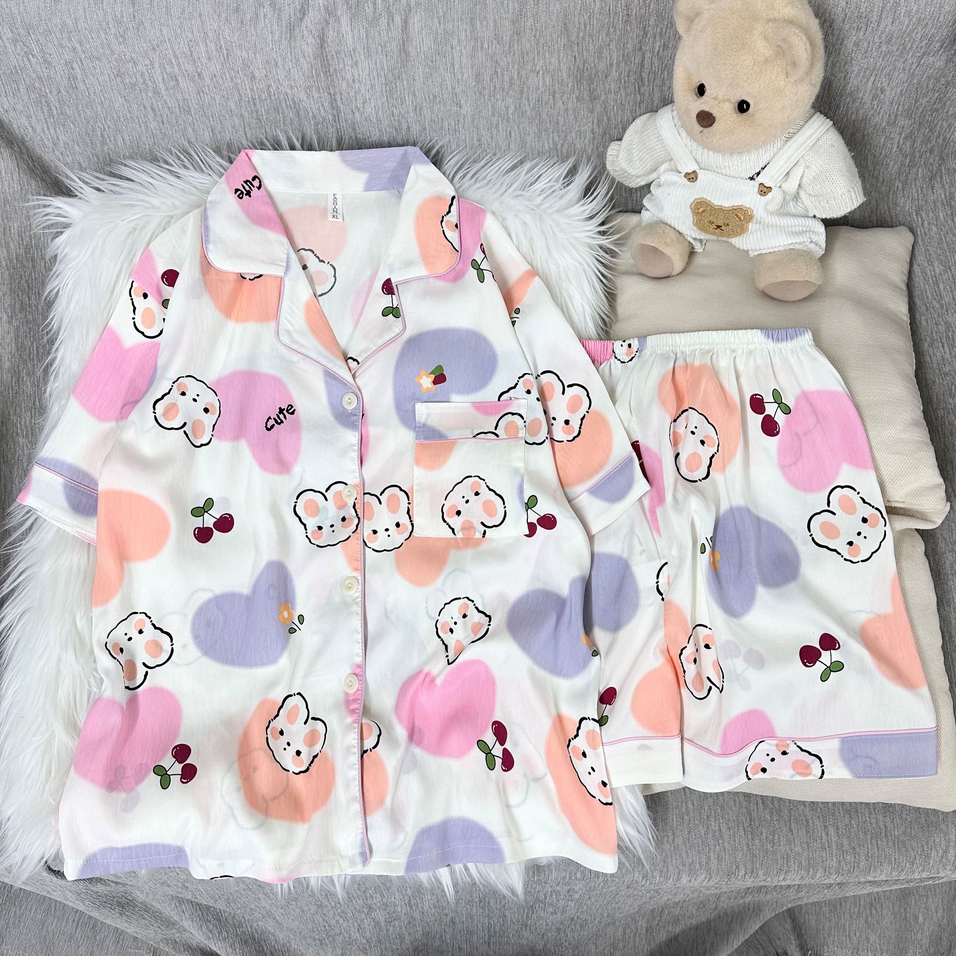 Cute punto de onda KT gato nubes pijamas de algodón mujer pantalones cortos de manga corta de verano coreano cuello de dibujos animados set de ropa para el hogar