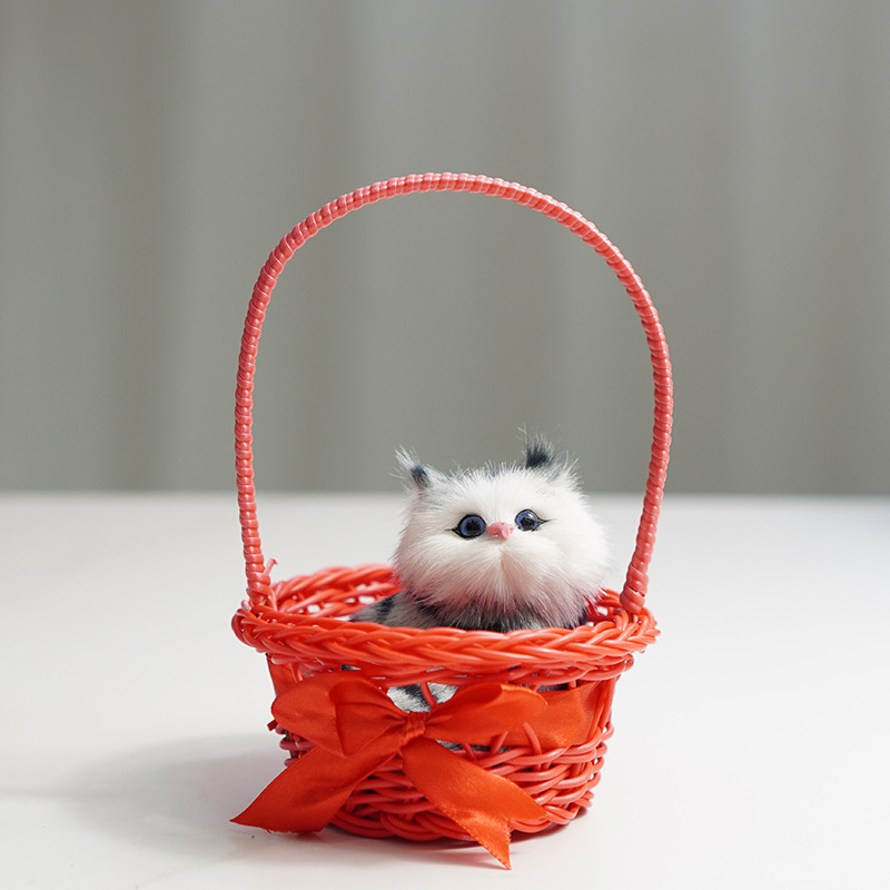 높은 바구니 (빨강) + 파랑과 녹색의 작은 쪼그리고 앉는 고양이가 짖을 수 있습니다