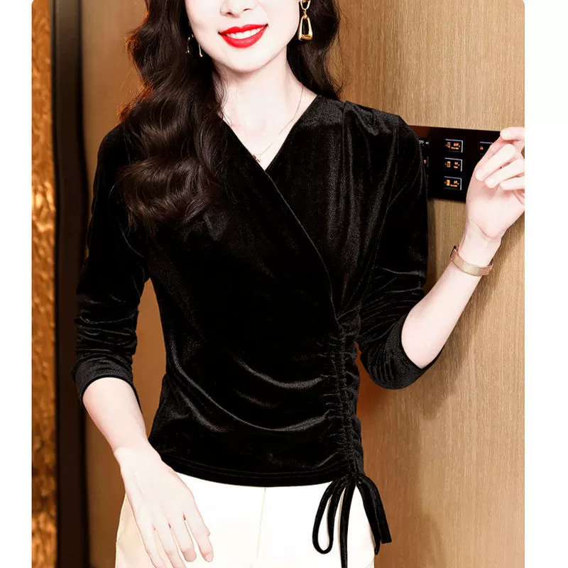 Бархатная базовая рубашка во французском стиле с v-образным вырезом и перекрещенным воротником, осенняя новая стильная блузка с бантом на шнурке, элитный топ для мамы