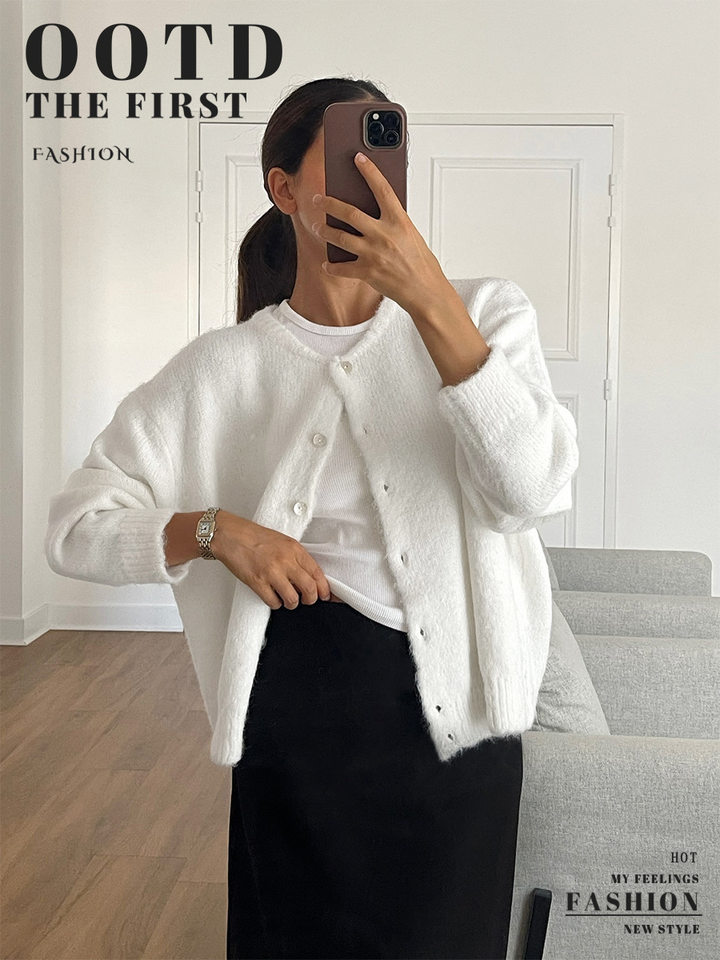 Áo khoác cardigan len nữ cổ tròn dài tay cài một hàng cúc phong cách retro thanh lịch — Màu trắng, Màu xám đậm, Xanh da trời, Xanh lá cây chi tiết 1