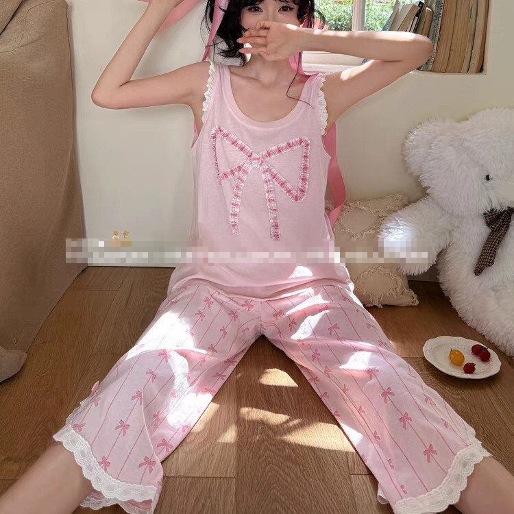 Customized 2025 New White Stripesd Bow Vest Eight-Quarter Pants Women's Pajamas That Can Be Worn Outside Home Clothes in Summer