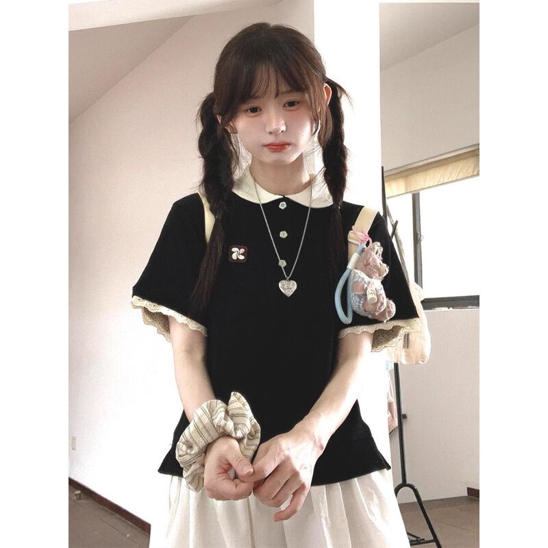 Korean Sports Black Splicing Short-Sleeved T-Shirt for Women Summer New Sweet Style Doll Collar Slim Outer Top Trendy