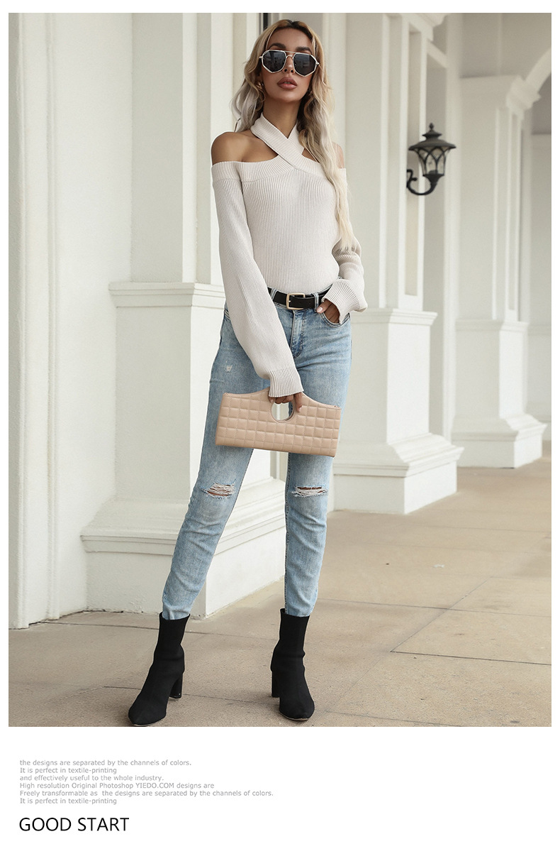 Solid Color Knitted Pullover Top Hollow Cross Halter Neck Off-shoulder Slim Sweater_voghion.com