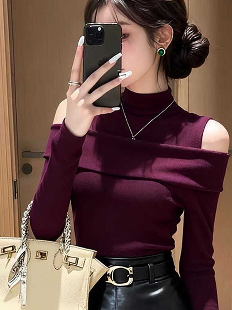 Áo len cổ lọ nữ thiết kế hở vai phong cách quý tộc — Rượu vang đỏ