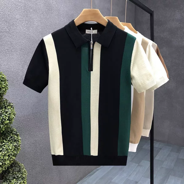 2026 Trendy Brand High-End Short-Sleeve Ice Silk Knit Shirt for Men, Summer British Style Color-Blocked Striped Fashion Polo Shirt