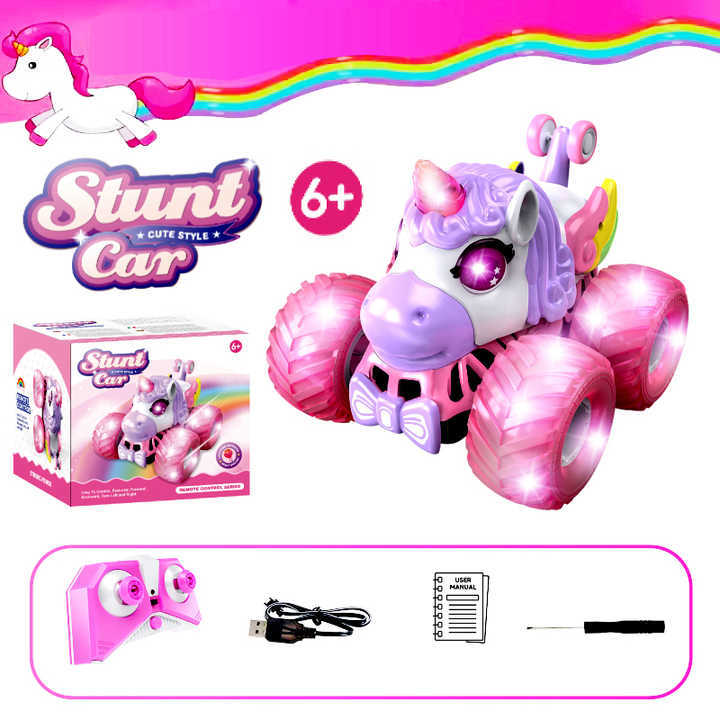 Camión volcador todoterreno con luces de colores y música 2.4G, vehículo de acrobacias de 360 grados, coche eléctrico de control remoto de unicornio de doble cara para uso transfronterizo