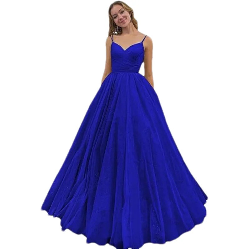 Shiny Tulle Prom Dress V Neck Long Evening Dress Spaghetti Straps Open Back Pleated Formal Evening Gown Shiny Tulle Prom Dress V Neck Long Evening Dress Spaghetti Straps Open Back Pleated Formal Evening Gown