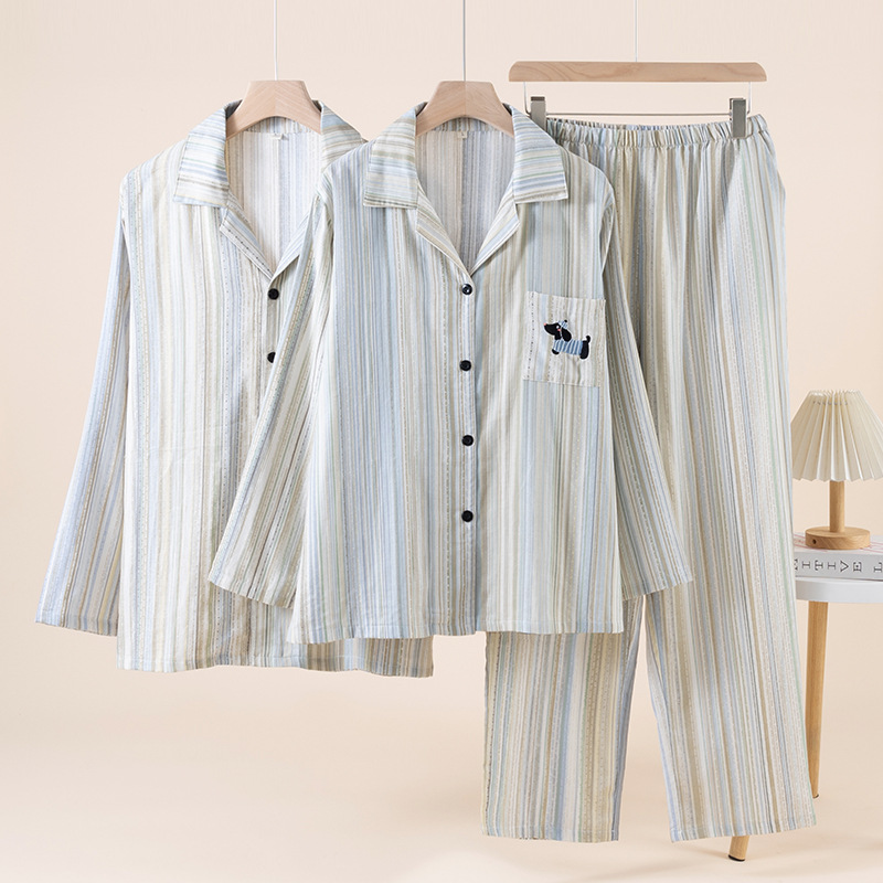 Retro Couple Stripesd Pajamas for Men and Women Pure Cotton Yarn Cartoon Puppy Embroider Long-Sleeved Pants Home Sleepwear Thin