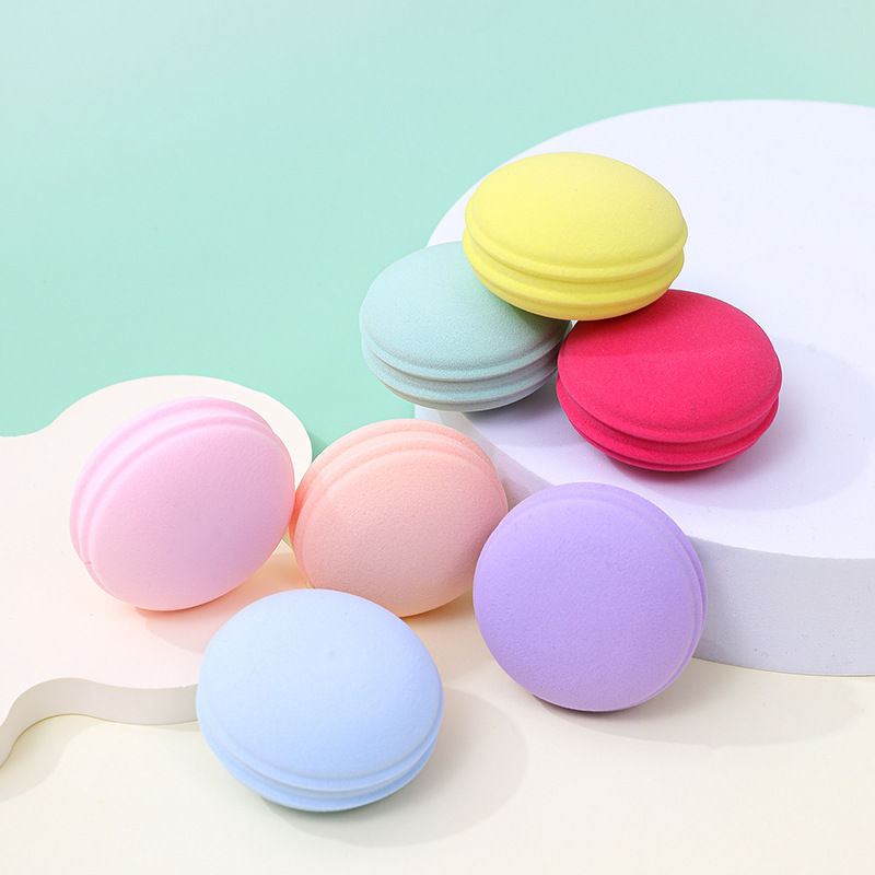 Polvo de macarrón transfronterizo, esponja de maquillaje redonda personalizada, esponja de maquillaje, huevo de maquillaje super suave, no comer polvo, seco y húmedo, doble uso