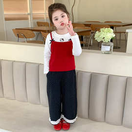 女童秋季套装2025新款洋气儿童时髦秋款吊带T恤花边波点裤两件套