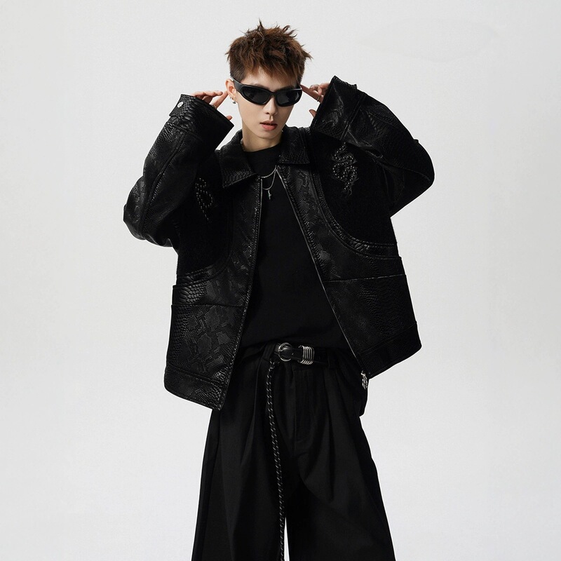 High-street, stylish, snake-patterned jacket for men and women, autumn collection, trendy brand, rivet design, patchwork outerwear, loose-fitting, sporty top High-street, stylish, snake-patterned jacket for men and women, autumn collection, trendy brand, rivet design, patchwork outerwear, loose-fitting, sporty top