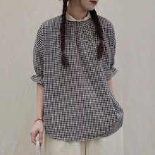 棉麻格子衬衫女夏季新款欧货宽松花边亚麻上衣短袖衬衣