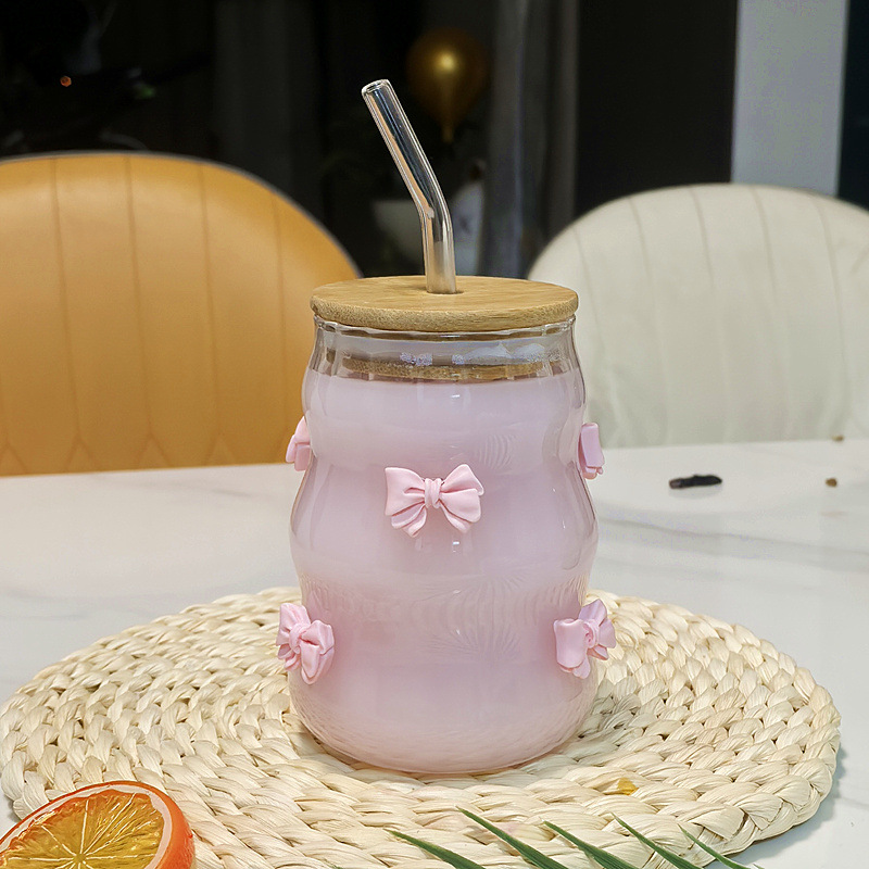 Linda taza de paja de patrón vertical con lazo, taza de café para el hogar, taza de té con leche con tapa de bambú, taza de vidrio resistente a altas temperaturas