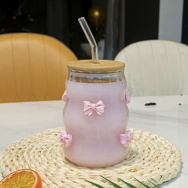 Glass Bow Cup, 450 ml cute tea & coffee mug with bamboo lid and glass straw, pastel colors