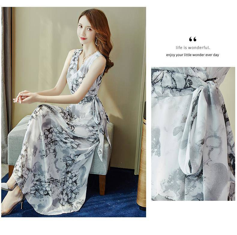 Bohemian Long Women Summer 2024 New Waist Tie Slimming Beach Vacation Chiffon Dress_ecoleips.com