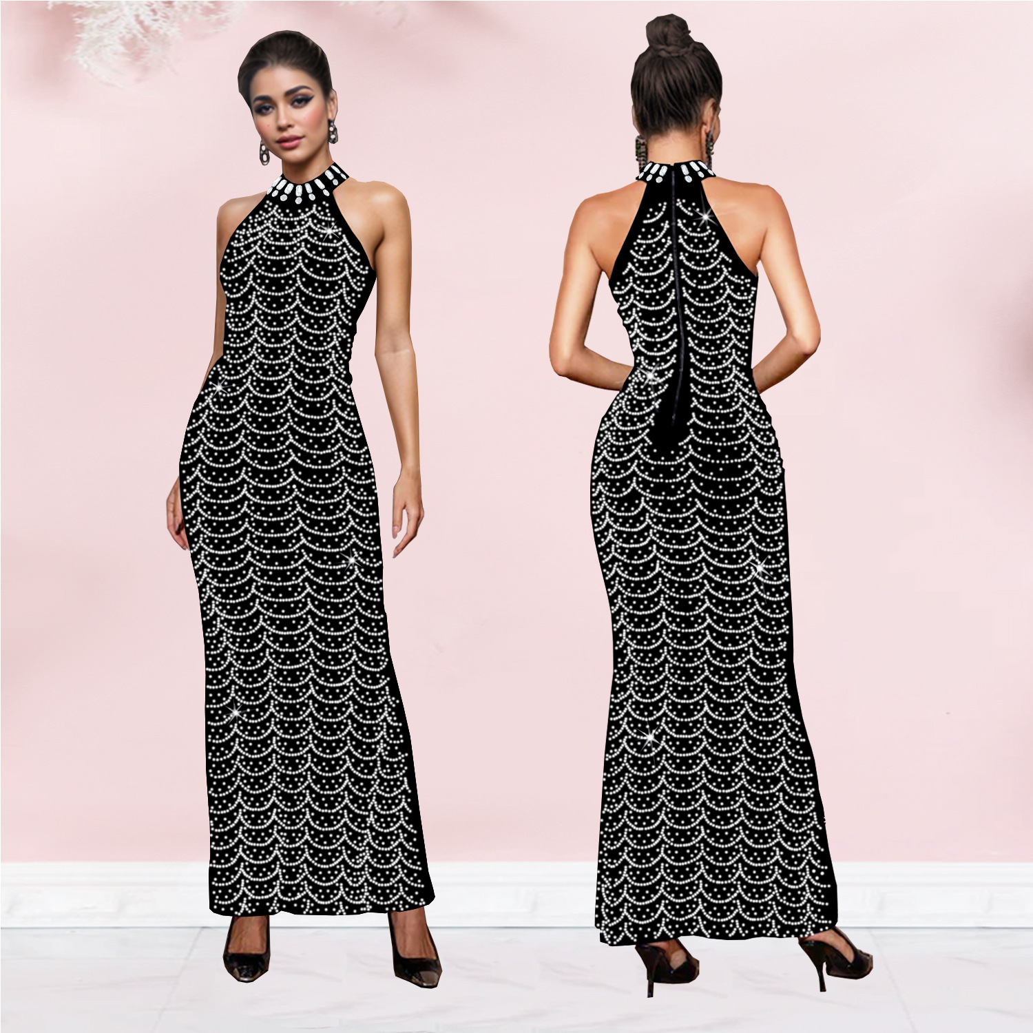 C7140 Aliexpress transfronterizo Amazon Europa y América de moda de mujer cuello elegante vestido de diamante largo delgado image 1