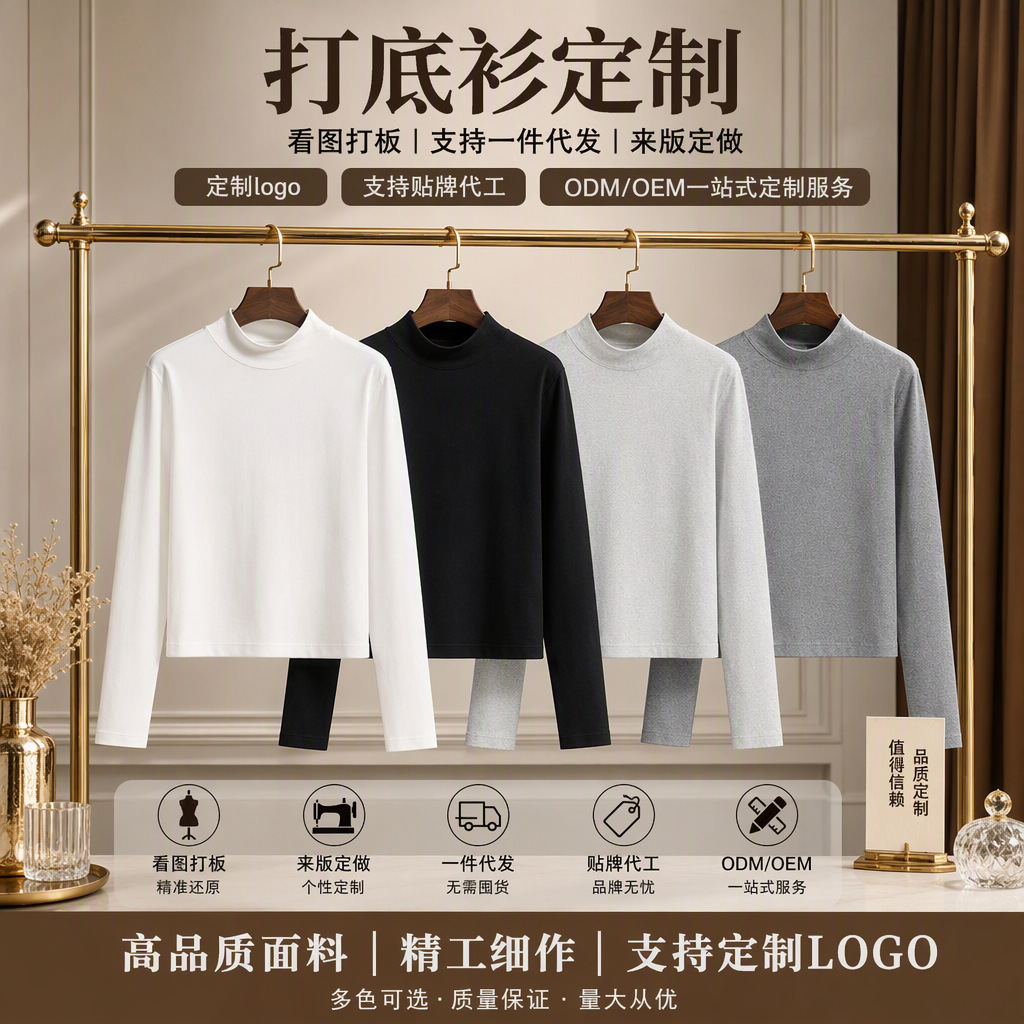 纯棉重磅纯色T恤女正肩半高领长袖女定制团服保暖百搭打底衫上衣