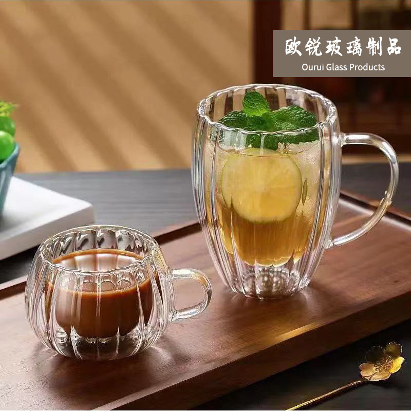 Taza de leche simple taza de beber en forma de huevo a rayas de doble capa de vidrio transparente taza de café para el hogar