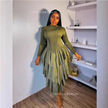 三宅褶皱大牌女装2025夏季新款半高领长袖高腰显瘦蛋糕裙中长款连