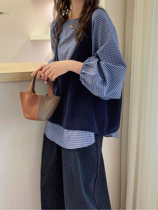 2025秋季新款韩版圆领宽松长袖衬衫女休闲百搭针织背心两件套上衣|undefined