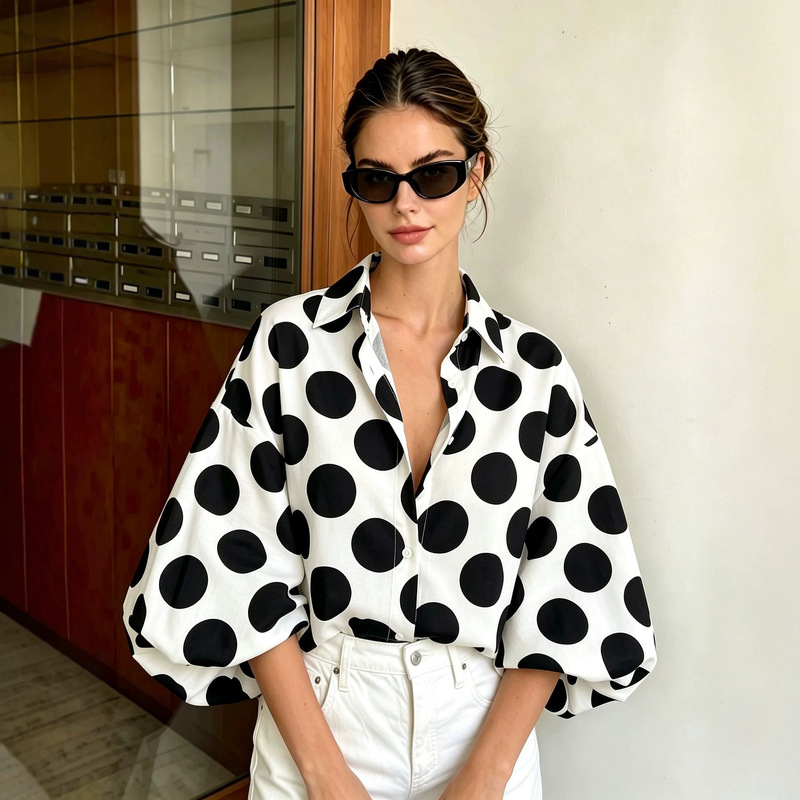 2026 European and American cross-border Amazon eBay independent site best-selling stylish and versatile polka dot large-sleeve shirt 2026 European and American cross-border Amazon eBay independent site best-selling stylish and versatile polka dot large-sleeve shirt