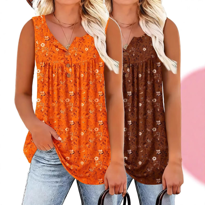 Cross-Border Wish European and American Summer Floral Sleeveless Vest V-Neck Button Casual Top Sweet Style Vacation Two-Piece Set Cross-Border Wish European and American Summer Floral Sleeveless Vest V-Neck Button Casual Top Sweet Style Vacation Two-Piece Set