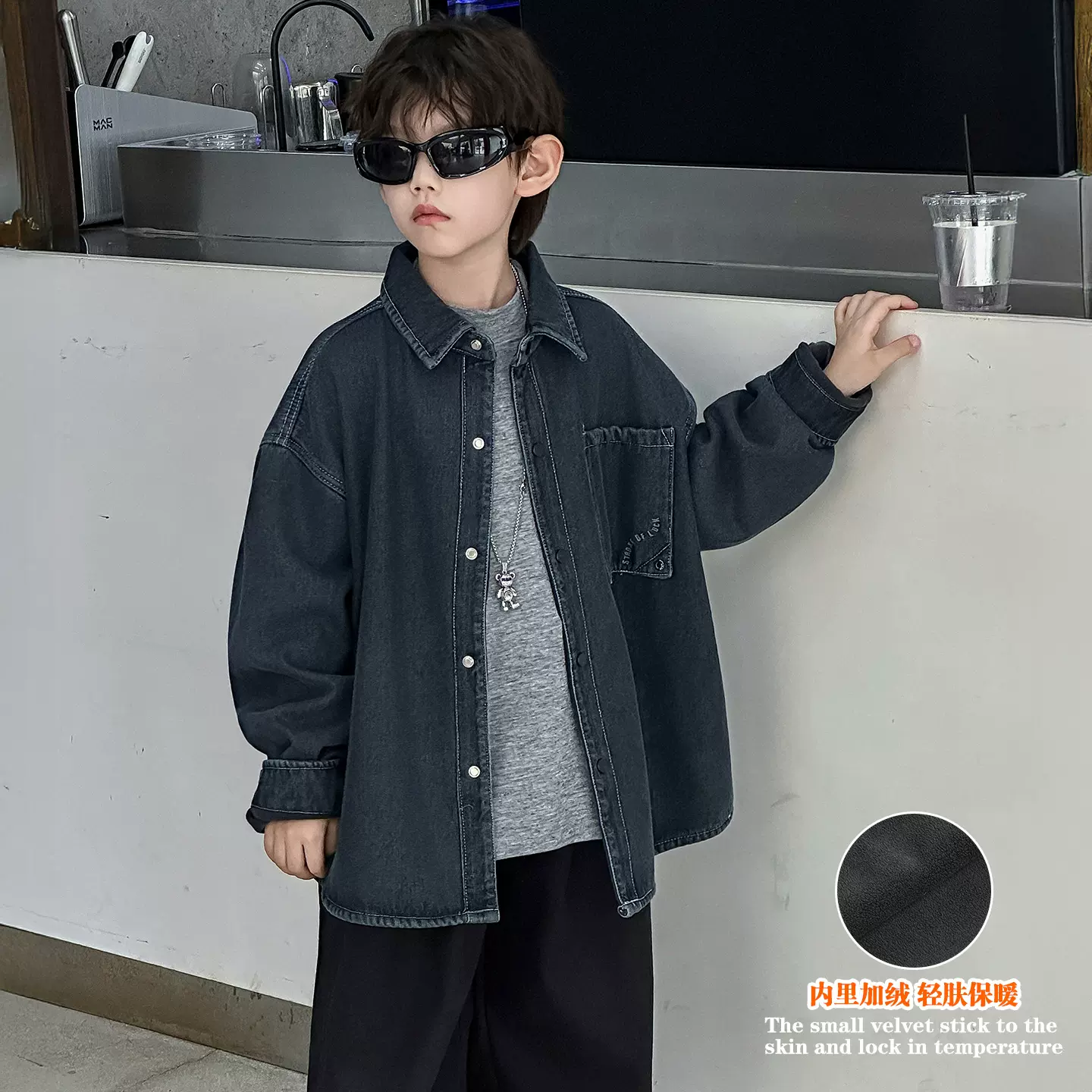 棉小铺男童加绒衬衫儿童秋冬韩版2025新款保暖童装宽松牛仔外套潮