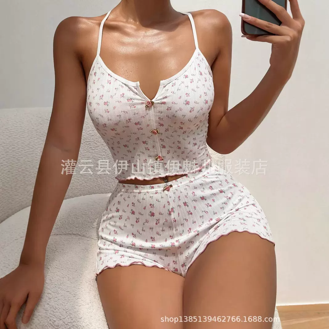 跨境亚马逊速卖通新品可爱印花提花坑条舒适吊带睡衣套装