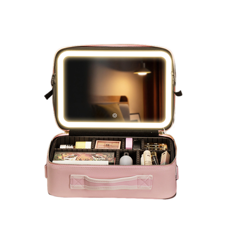 Nuevo bolso de maquillaje profesional portátil de gran capacidad con bolsa de cosméticos de PU ligera 4K superficie de vidrio HD personalizado al por mayor